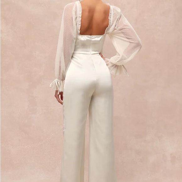 NWT Lulus Gracefully Modern Ivory Satin Mesh Long Sleeve Bustier Jumpsuit White - Picture 2 of 2